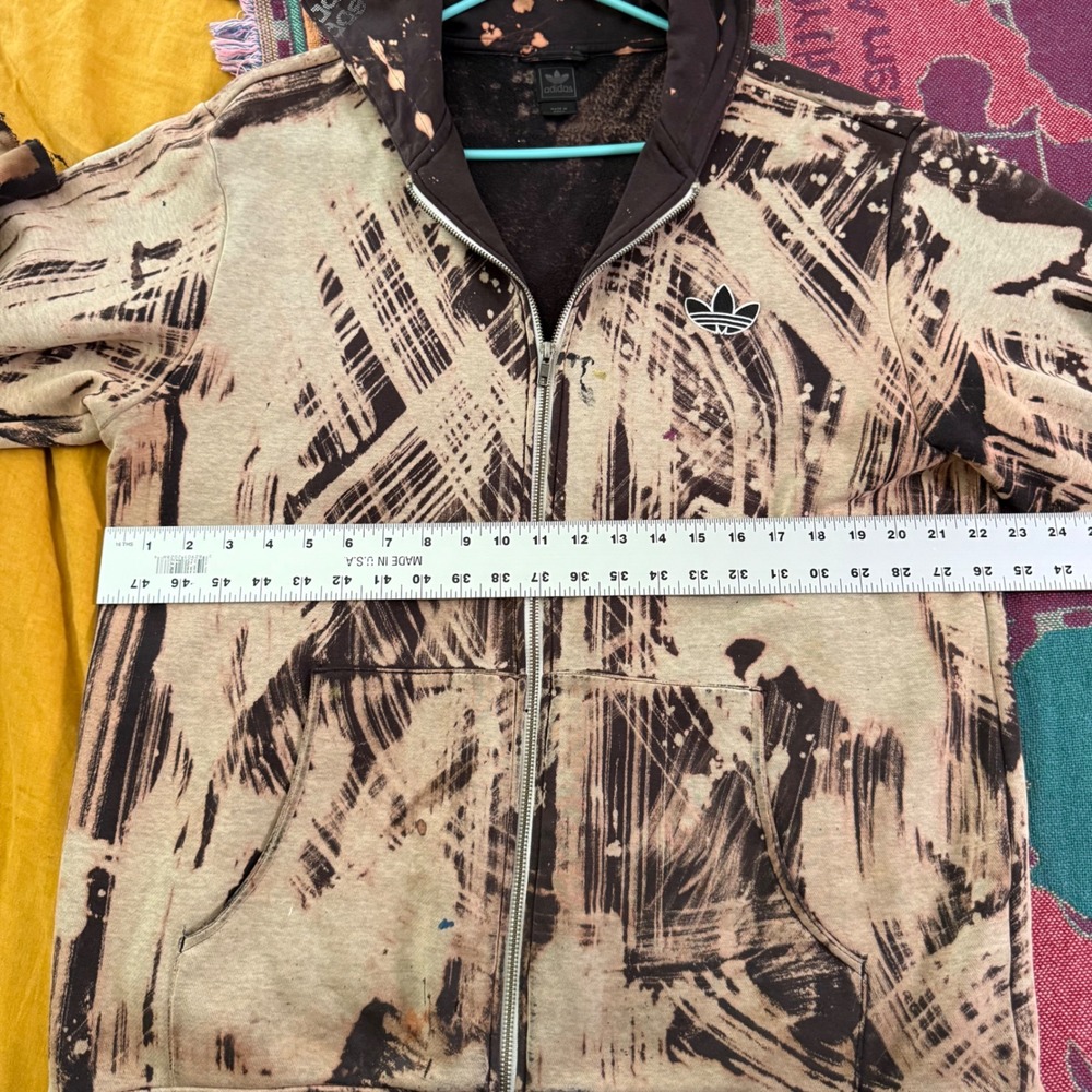 Adidas Originals Mens Bleached Distressed Zip Hoodie Brown Abstract Trefoil L - Picture 6 of 8